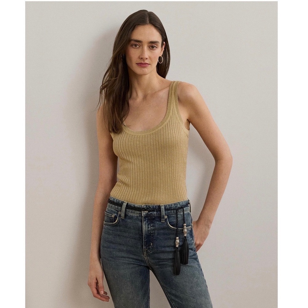 Lauren Ralph Lauren‎ Womens Tan Rib-Knit Linen-Blend Sweater Tank Top Size Large